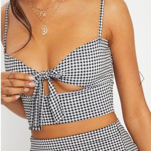 Pretty Little Thing Black Gingham Jersey Tie Front Bralet Size 4